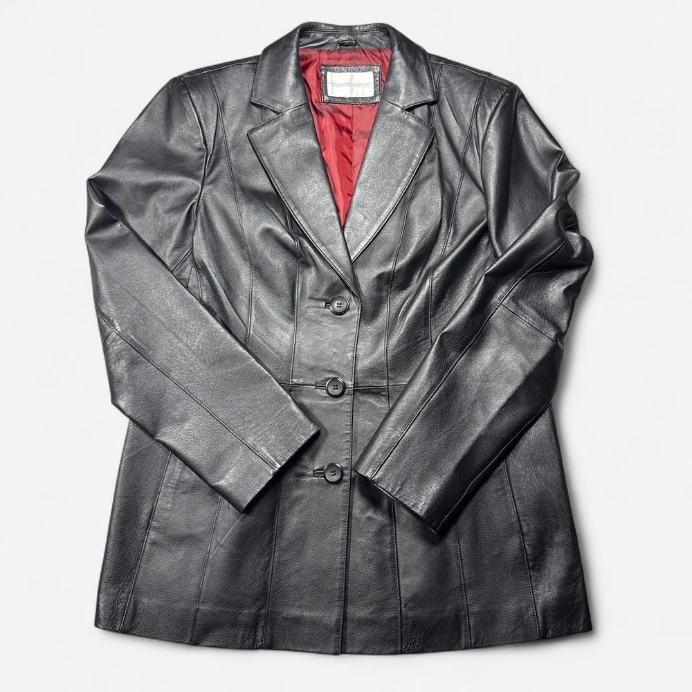 Y2K Worthington black genuine leather blazer jacket, red lining, women's L